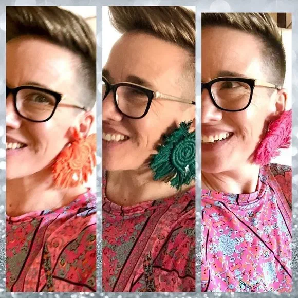 New! Handmade Macramé Woven Spiral Disc Statement Earrings Hot Fuchsia Pink - Picture 2 of 12